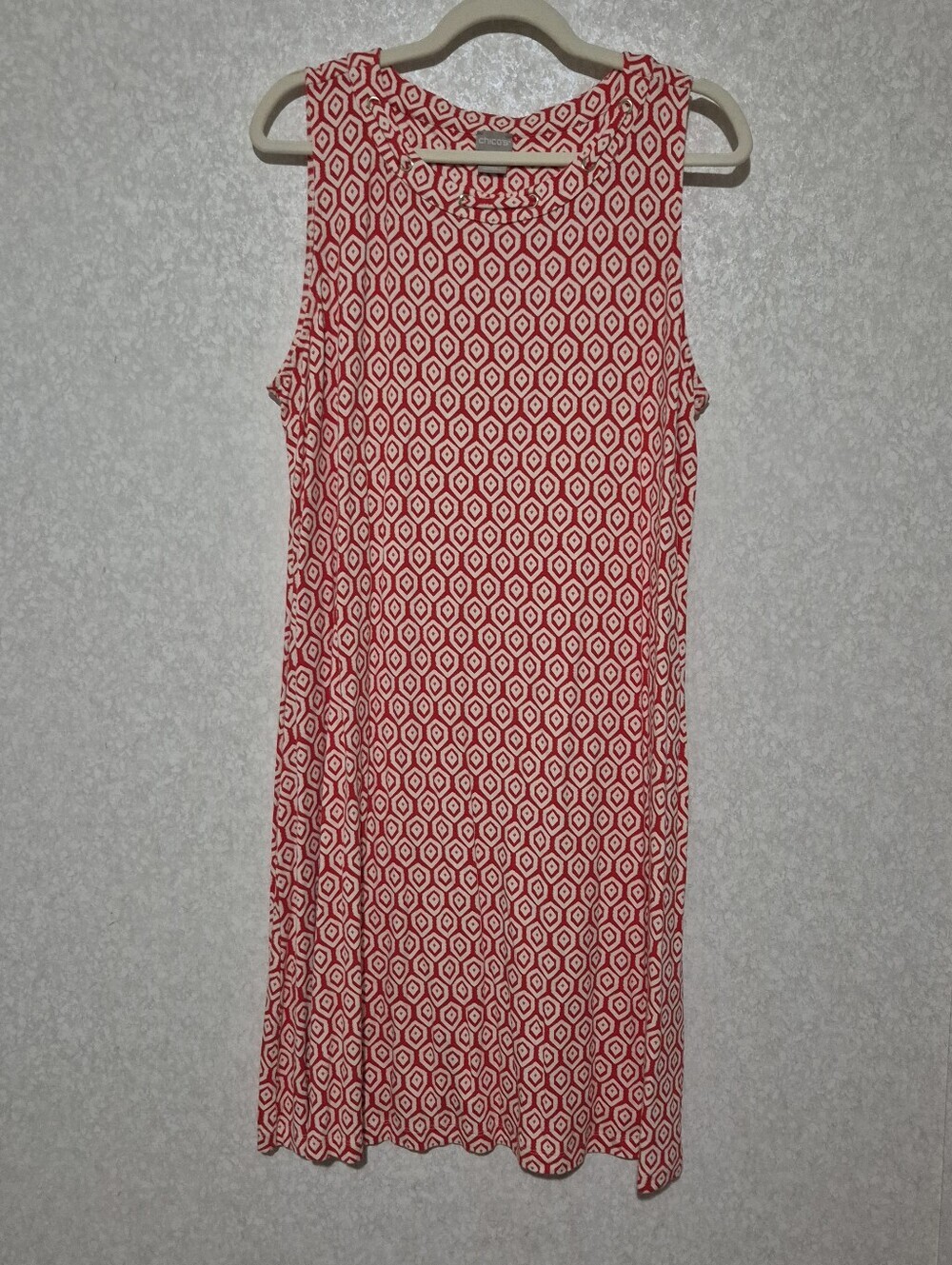 CHICOS Red/White  Geometric patterned Sleeveless Shift Midi women's Dress-3